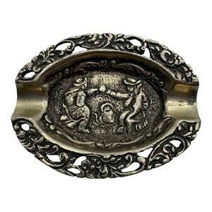 Vintage Miniature Ornate Brass Ashtray‎ 2.5” – Tavern Scene, Decorative Design